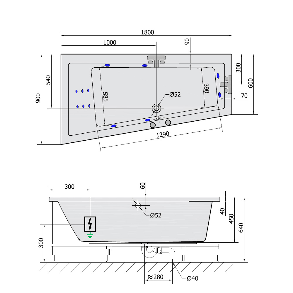 ANDRA L HYDRO Whirlpool Badewanne, 180x90x45cm, weiss
