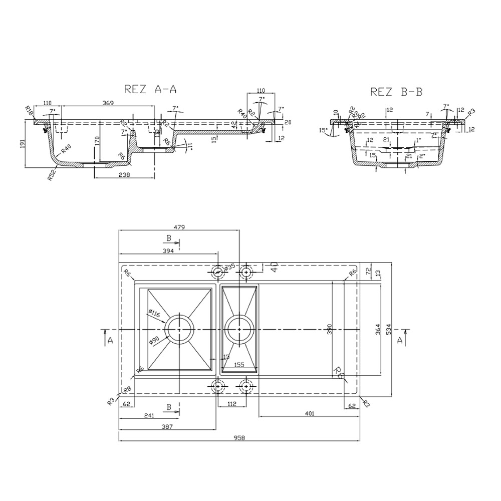Granitspüle mit Abtropffläche und Nebenbecken 100x53,5 cm weiß