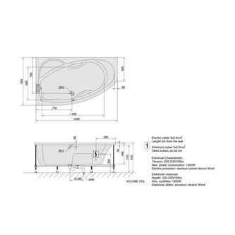 MAMBA L Whirlpool-Badewanne, 160x95x44cm, Attraction Hydro-Air, Chrom