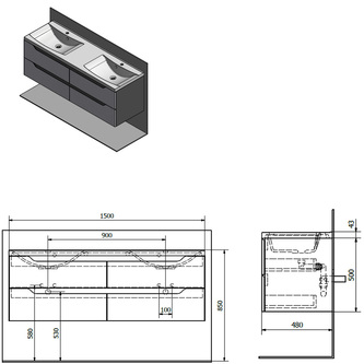 WAVE Doppelunterschrank 150x50x48cm, weiß/mali wenge