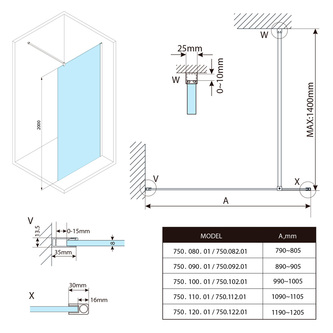 SPITZA Duschabtrennung WALK-IN, 900mm, Milchglas