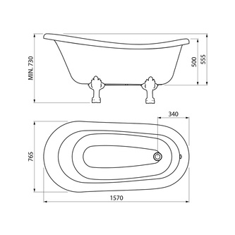 RETRO freistehende Badewanne 157x76,5x73cm, weiß, Füße bronze