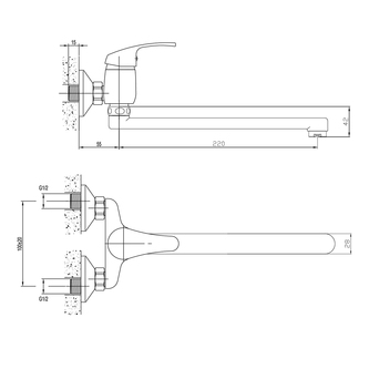 AQUALINE 35 Wannen wand-armatur, Abstand 100mm, flacher Auslauf 220mm, Chrom