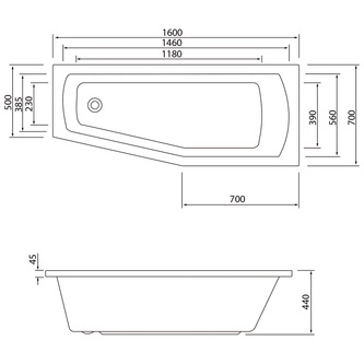 Raumspar Badewanne 160x70x39cm MINOU rechts, weiß