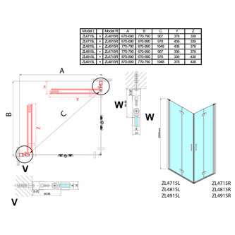ZOOM Duschfalttür 700 mm, Links, Klarglas