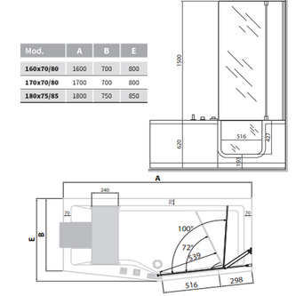 ELEGANZ  Badewanne mit Tür/Seniorenbadewanne 180x75/80cm  Ausführung Rechts