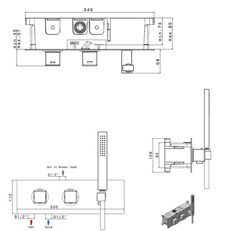 DIMY UnterputzThermostat Duscharmatur mit Handbrause, 2 Wege, Schwarz matt