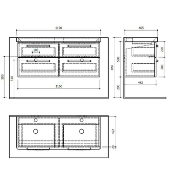 THEIA Doppelunterschrank 116x50x44,2cm, 4xSchublade, Silbereiche