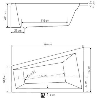 Raumspar Badewanne 160x100x42cm, ohne Füße, rechts, weiß