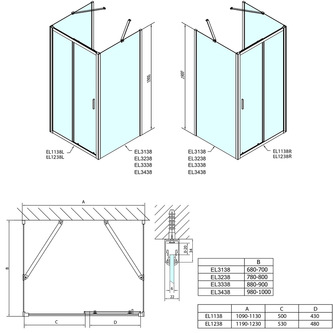 EASY LINE Duschkabine drei Wänden 1200x1000mm, L/R Variante, glas Brick