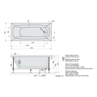 EBRO Whirlpool-Badewanne, 170x75x39cm, Active Hydro-Air, Chrom