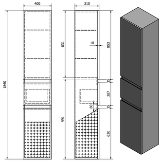 ALTAIR Hochschrank mit Wäschekorb 40x184x31cm, Eiche Emporio