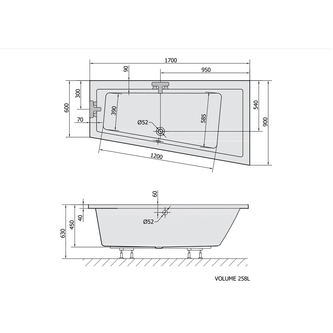 Raumspar Badewanne ANDRA,170x90x45cm, rechts, dunkelgrau