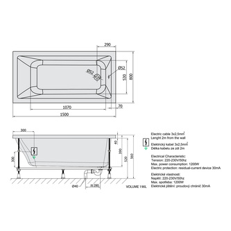 NOEMI Whirlpool-Badewanne, 150x80x39cm, Attraction Hydro-Air, Chrom