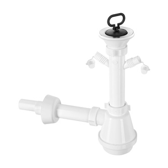 Waschtisch-Siphon, 2 Geräteanschlüsse, Edelstahl-Ablauf 80 mm, Stöpsel mit Griff, DN40/32, weiß