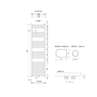ALYA Badheizkörper gerade 400x1600mm, 400W,Mittelanschluss, Chrom