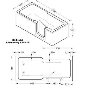 EVOLVE Badewanne mit Tür/Seniorenbadewanne 170x75cm  Ausführung Links