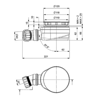 Duschwannensiphon, Durch. 90mm, DN40, Niedrig, Deckel weiß
