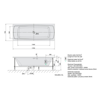 LILY Whirlpool-Badewanne, 170x70x39cm, Highline Hydro-Air, Chrom