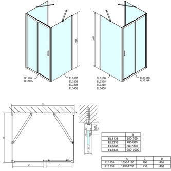 EASY LINE Duschkabine drei Wände 1100x700mm, L/R Variante, glas Brick