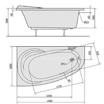 Raumspar Badewanne NAOS 158x100x43cm, rechts, weiß