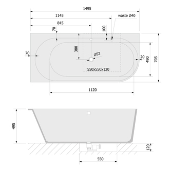 SUSSI L Freistehende Badewanne 150x70x50cm, schwarz/weiß