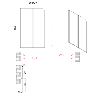 WILA Wannenabtrennung 900x1400mm, Schwarz, Klarglas