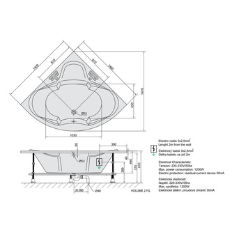 SIMONA Whirlpool-Badewanne, 140x140x44cm, Active Hydro-Air, Chrom