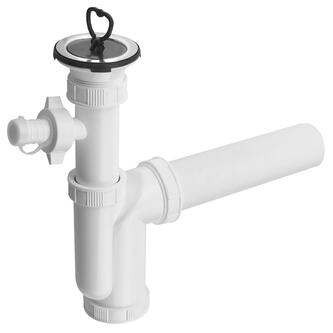 Spülbecken-Siphon mit Abzweig 6/4", Edelstahl Auslass, Stopfen mit Griff, DN50, Weiß