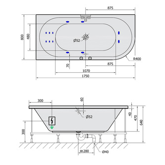 VIVA L HYDRO Whirlpool-Badewanne, 175x80x47cm, weiss