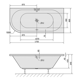 VIVA R Asymmetrische Badewanne 175x80x47cm, rechts, schwarz matt