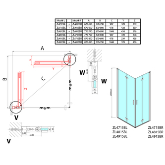 ZOOM BLACK Duschfalttür 700 mm, Links, Klarglas