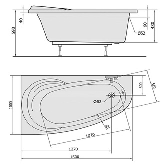 Raumspar Badewanne NAOS 150x100x43cm, links, weiß