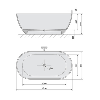 REDUTA Freistehende Badewanne, Gussmarmor 171x81x58cm, Weiß/Grau matt