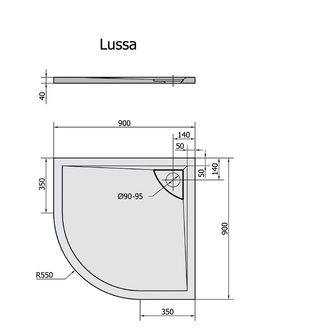 LUSSA Duschwanne mit Ablaufdeckel, Viertelkreis 90x90x4cm, R550