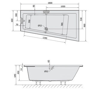 ANDRA R SLIM asymmetrische Badewanne 180x90x45cm, weiss