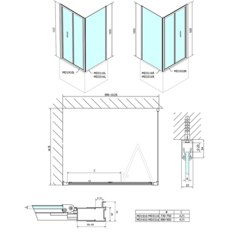 DEEP Rechteckige Duschkabine 1000x900mm L/R Variante, Klarglas