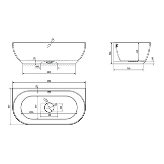 PAGODA Wandbadewanne aus Gussmarmor 170x85x58cm, Grau matt