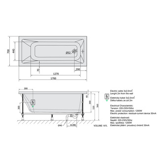 NOEMI Whirlpool-Badewanne, 170x70x39cm, Highline Hydro-Air, Chrom
