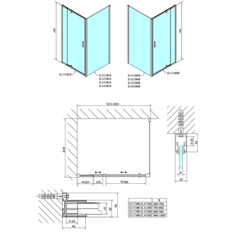 EASY BLACK Drehduschtür 880-1020mm, Glas BRICK