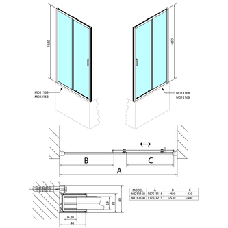 DEEP BLACK Duschtür 1200x1650mm, Klarglas