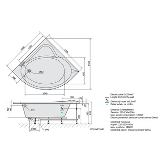SIRIUS Whirlpool-Badewanne, 130x130x43cm, Highline Hydro-Air, Chrom