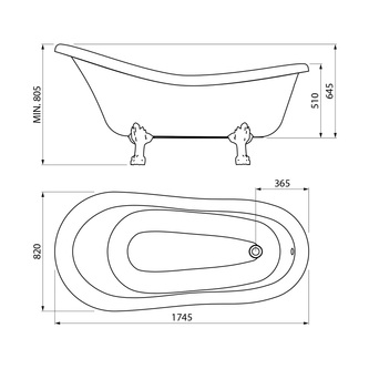 RETRO freistehende Badewanne 174,5x82x80,5cm, weiß, Füße weiß