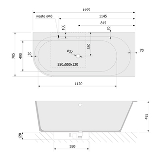 SUSSI R Freistehende Badewanne 150x70x50cm, schwarz/weiß