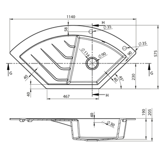 Eckspüle mit Abtropffläche 114x57,5cm, beige