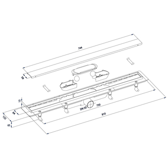 FLISE Bodenrinne mit Rost aus Edelstahl für Fliesen, L-810, DN50