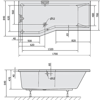 VERSYS L asymmetrische Badewanne 170x84x70x47cm, links, weiß