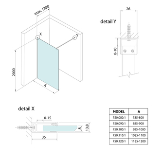 SPITZA Duschabtrennung WALK-IN, 800mm, Klarglas