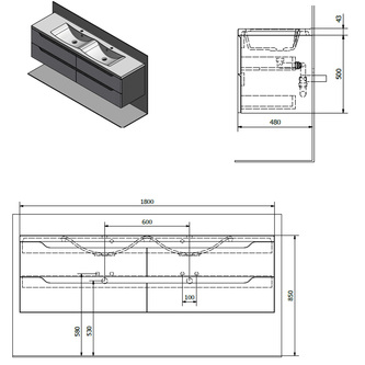WAVE Doppelunterschrank 179,7x50x47,8cm, weiß/mali wenge
