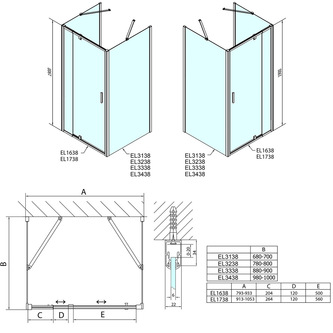 EASY LINE Duschkabine drei Wänden 800-900x900mm, Drehtür, L/R Variante, glas Brick